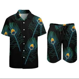 Men Hawaiian 2 Piece set, Button Down Shirt Shorts Set, black w/peacock feathers
